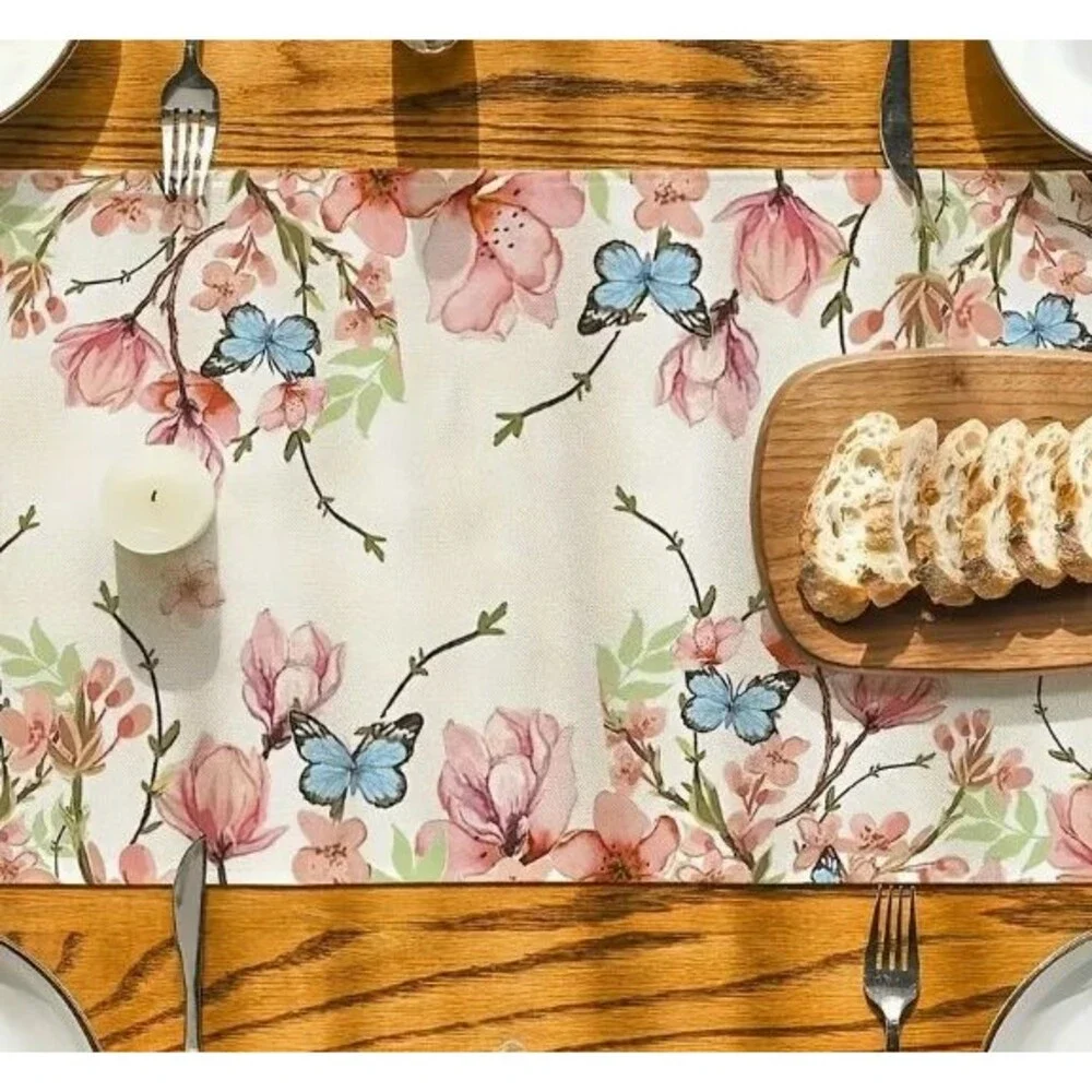 Table Runner 13x72in Woven Polyester Floral with Butterflies Pastel